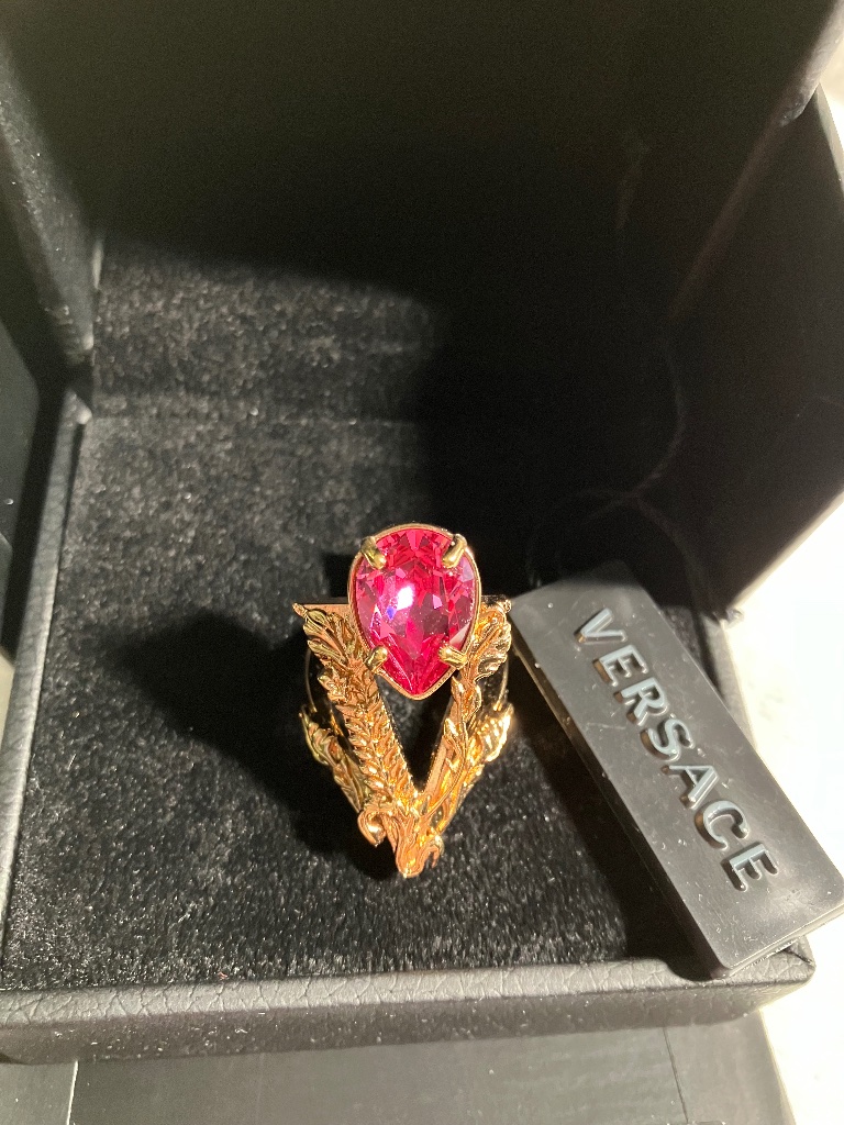 Versace Gold Tone Brass & Pink Virtus Ring Made In Italy Box&Tag Costume Jewelry